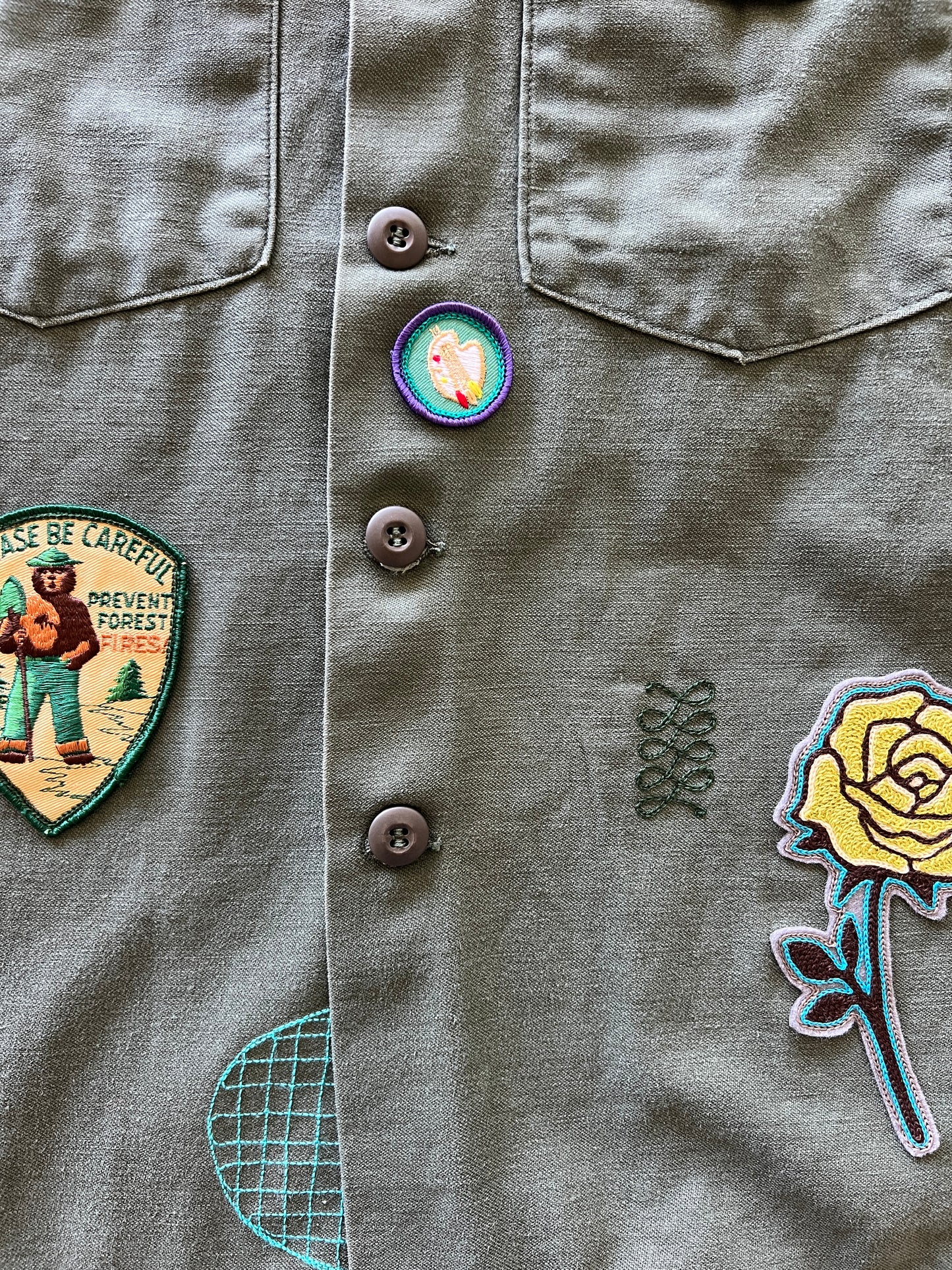 Vintage Military Shirt - Folk Flower Birds