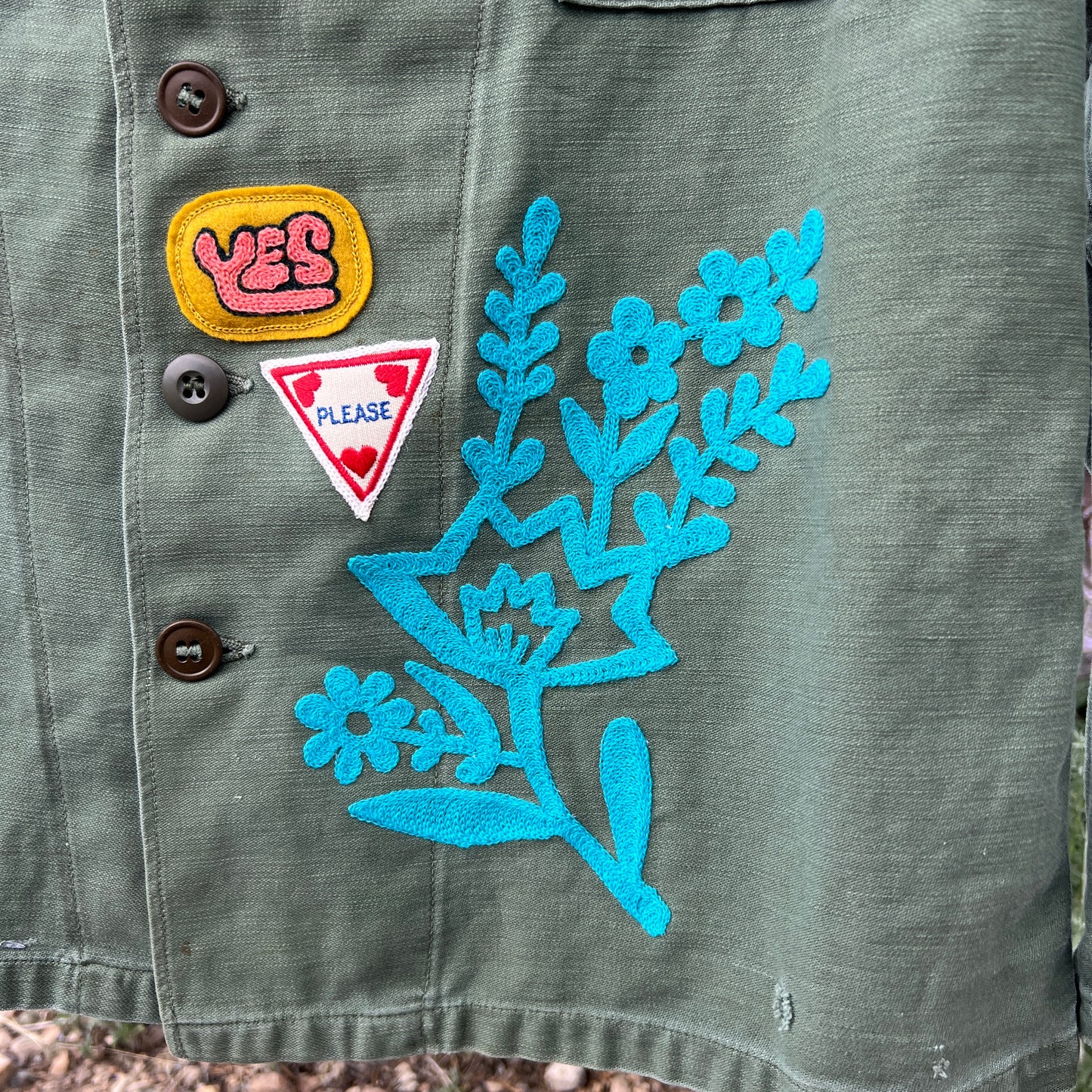 Vintage Military Shirt - Pink Skull & Butterflies