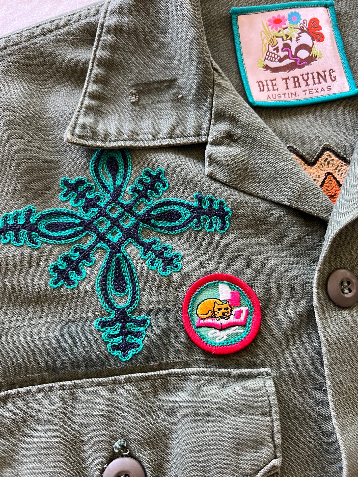 Vintage Military Shirt - Folk Flower Birds