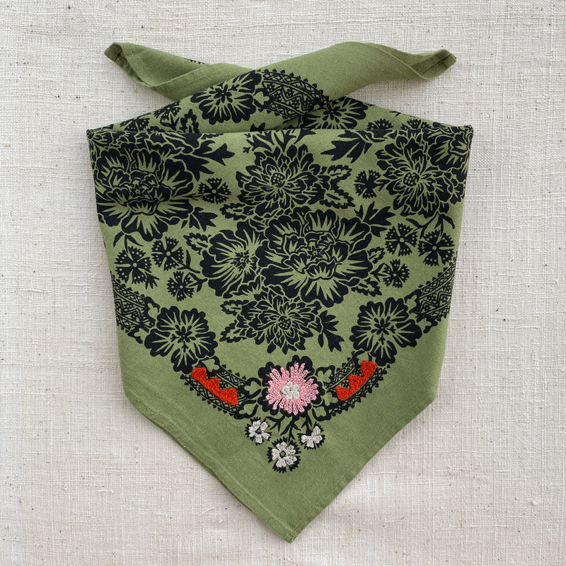 Embroidered Grass Green Bandana -Silk