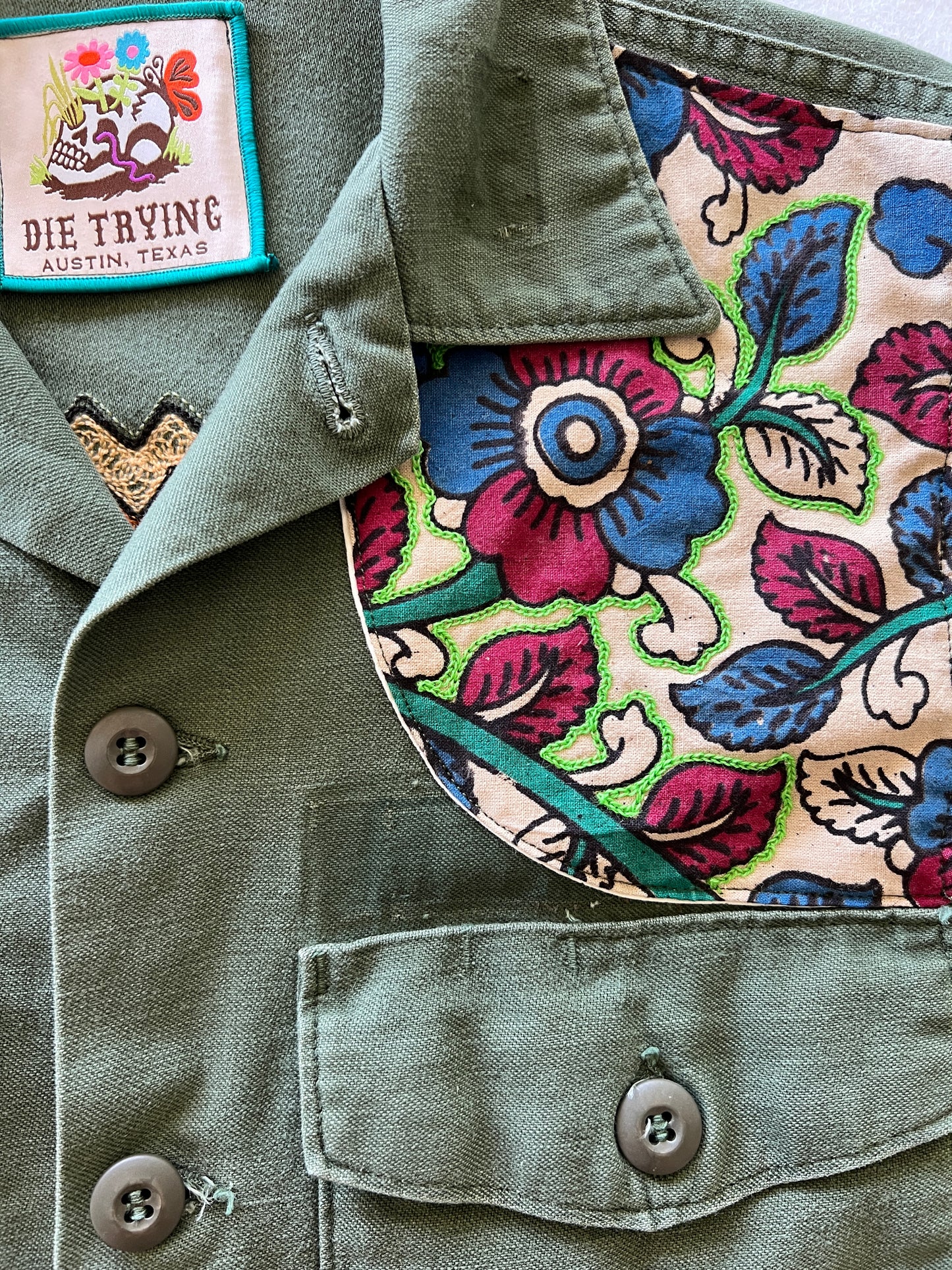 Vintage Military Shirt - Folk Flower Birds
