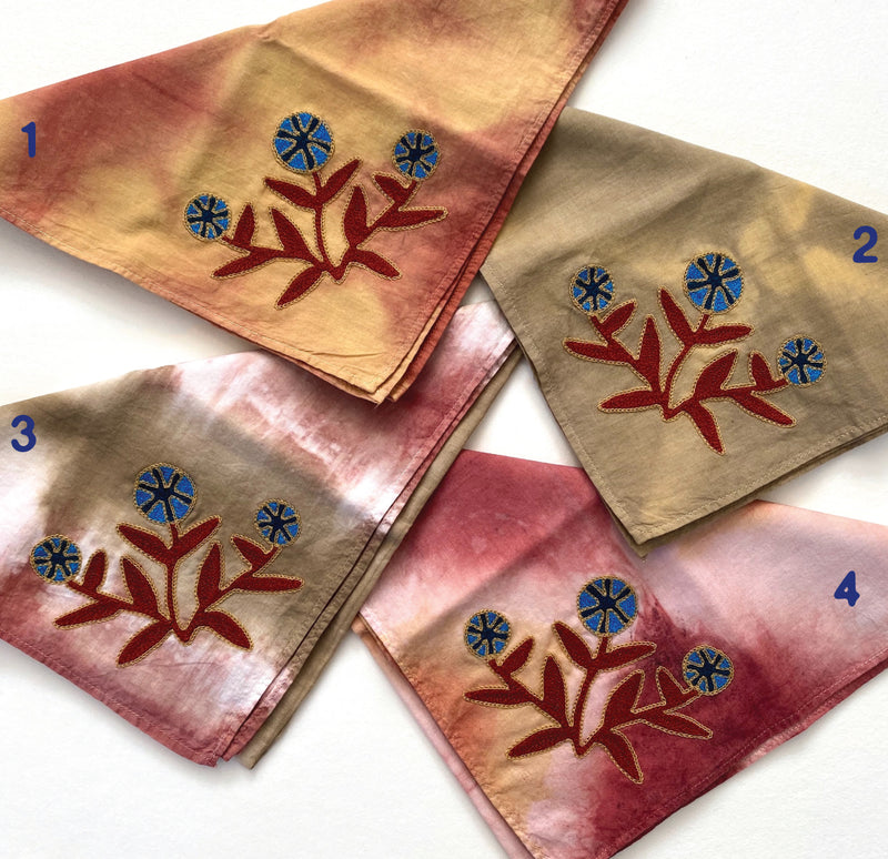 Naturally Dyed Embroidered Bandana-Blue Flowers