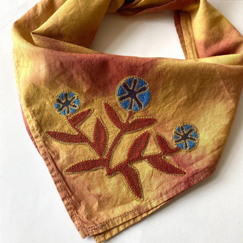 Naturally Dyed Embroidered Bandana-Blue Flowers